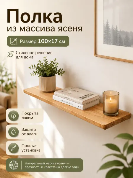 Настенная полка навесная 100*17 см Ясень