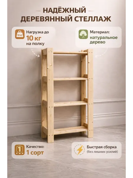 Чудо Мастер Стеллаж деревянный напольный с 4 полками 100*17*56