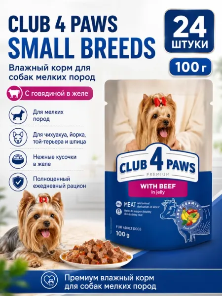 Влажный корм для собак Club 4 Paws Small Breeds in jelly, 100 г, с говядиной - 24 штуки