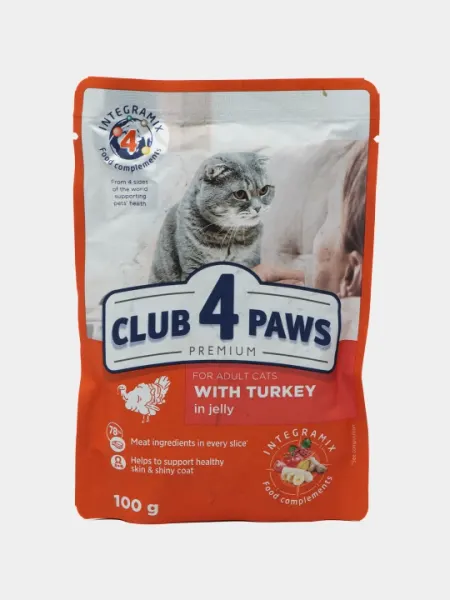 Влажный корм Club 4 Paws, для взрослых кошек, кусочки индейки в желе, 100 г, 24 шт