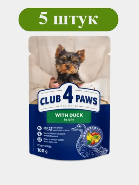 Влажный корм для собак CLUB 4 PAWS пауч с курицей в желе 100 г, набор 5 шт