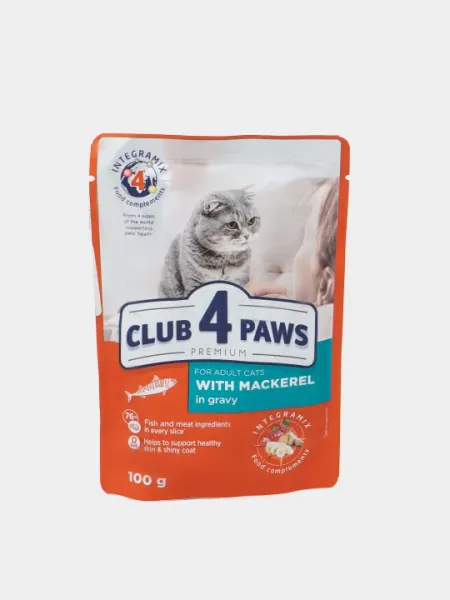 Влажный корм Club 4 Paws для взрослых кошек кусочки скумбрии в соусе 100г 24шт