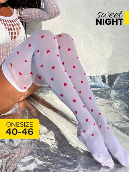 SweetNight Белые капроновые чулки с красными сердечками