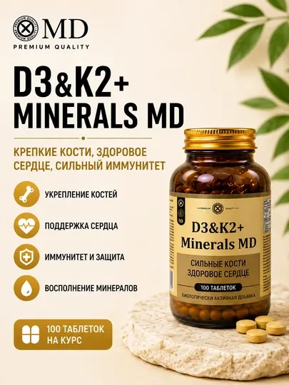D3&K2+Minerals MD Биологически активная добавка БАД, Витамин D3, Витамин K2, 100 капсул