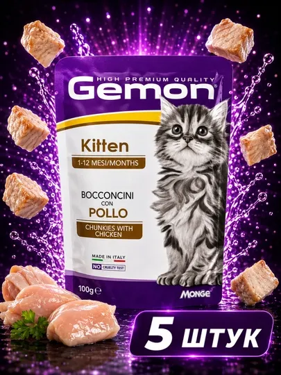Влажный корм для котят Gemon кусочки с курицей в соусе 100 грамм (5 штук)
