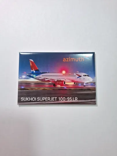 Фото магнит, авиа сувенир, фото самолёта Sukhoi Superjet 100-95LR Azimuth, размер 8 x 5 см