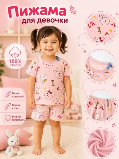 Пижама для девочки, 100% хлопок, летний комплект (футболка и шорты)