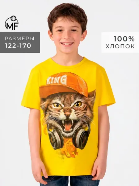 MF Футболка летняя детская хлопок 100% синяя с принтом кот