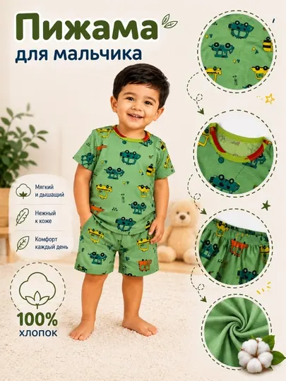 Пижама для мальчика, 100% хлопок, летний комплект (футболка и шорты)
