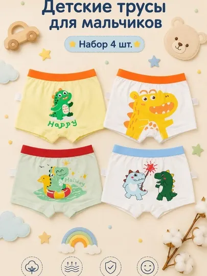 Детские трусы-боксеры для мальчиков, набор 4 шт, 100% хлопок
