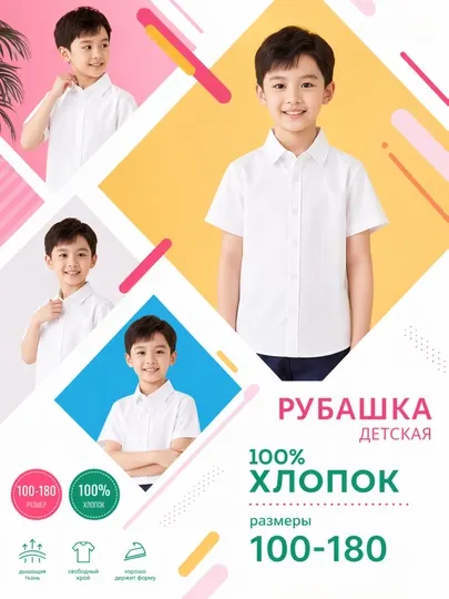 Детская белая рубашка (100% хлопок, короткий рукав, размеры 100–180)
