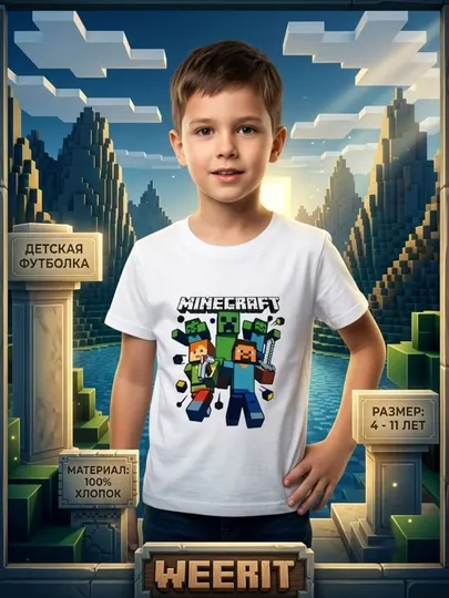 Детская футболка WEERIT для мальчиков, 100% хлопок, 4–11 лет с принтом MINECRAFT
