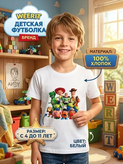 Детская футболка WEERIT для мальчиков 100% хлопок 4–11 лет с принтом TOYSTORY
