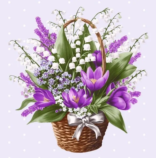 Кухонное полотенце 50*63 см Вафельное с петелькой для подвешивания "Весенняя корзина" в подарок на День Рождения, на 8 марта из 100% хлопка