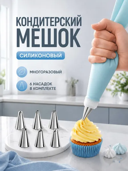 Кондитерский силиконовый многоразовый мешок 30*17,5см в комплекте с насадками 6шт для крема, выпечки Lianhouse