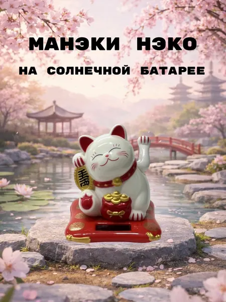 Манэки Нэко на солнечной батарее, японский кот приносящий удачу и деньги, высота 7.5 см, белый, машет лапкой