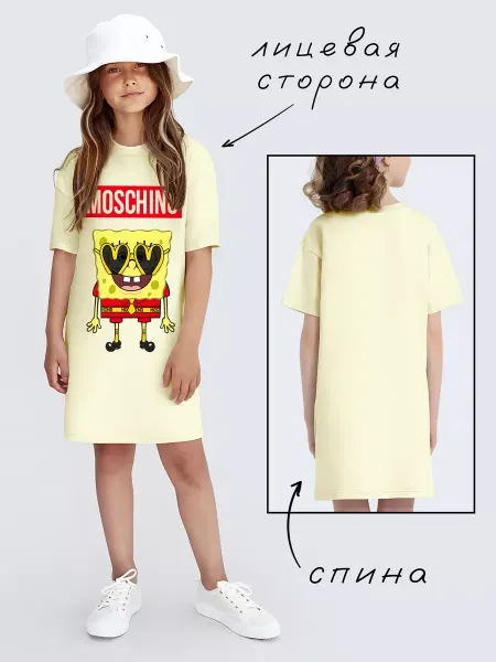Nuobi Kids Платье Футболка Губка Боб Москино Мультяшный Стиль Подарок