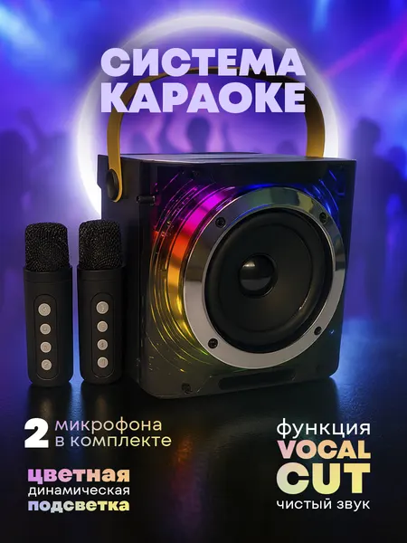 Портативная караоке система с двумя Bluetooth микрофонами, 20 Вт, АКБ 2000 мА*ч, 6 часов работы, для дома и природы