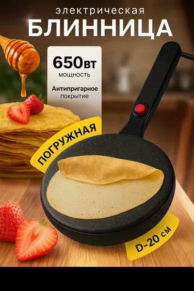 Блинница, электрическая, погружная, диаметр 20см, мощность 650Вт, антипригарное покрытие, черная