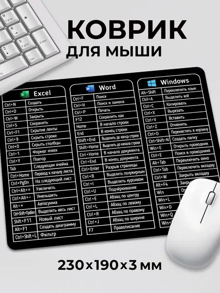 Коврик для мышки Сочетания клавиш Горячие клавиши шпаргалка маленький черный 230x190x3 мм