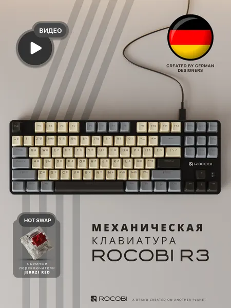 Игровая механическая клавиатура ROCOBI R3 для компьютера и ноутбука, проводная USB с подсветкой, русская, 87 клавиш
