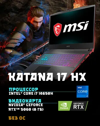MSI Katana 17 HX B14WFK-276XRU Игровой ноутбук 17.3", Intel Core i7-14650HX, RAM 32 ГБ, SSD 1000 ГБ, NVIDIA GeForce RTX 5060 (8 Гб), Без системы, черный, Русская раскладка
