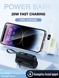 Быстрой зарядкой Повербанк 10000 mAh с разъемом Lightning c cразъемом Type-C 20 Вт,повербанк для телефона , Белый