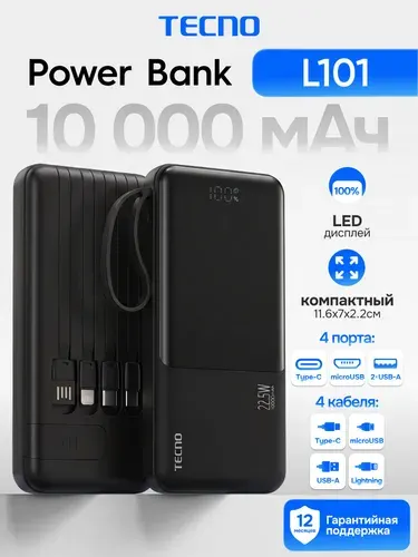 Повербанк портативный, Внешний аккумулятор 10000mAh, черный
