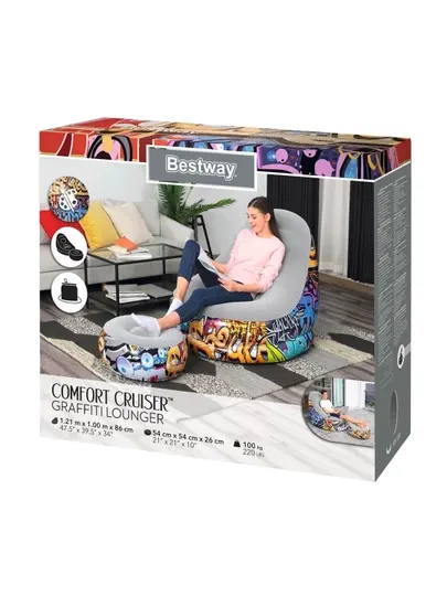 Bestway 75076 Надувное кресло 100х121х86см "Comfort Cruiser Graffiti" с пуфиком 54х54х26см