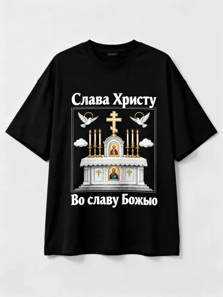 Футболка православная с изображением алтаря, икон и голубей
