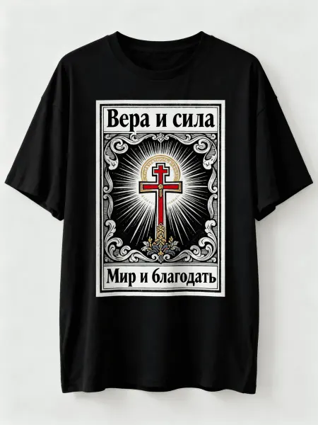 Футболка православного стиля с крестом, надписями Вера и сил