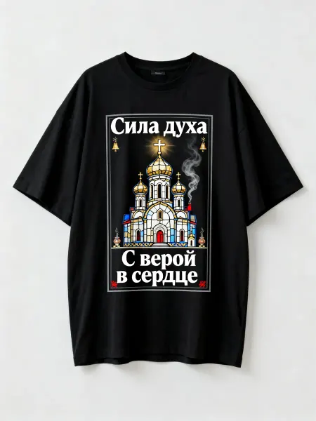 Футболка с православным храмом, надписями Сила духа и С веро