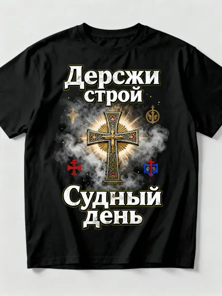 Футболка с православным крестом! С надписями Дерсжи строй, С