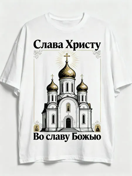 Футболка православная с изображением храма, надписями «Слава