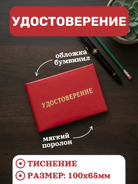 Удостоверение без герба красное корочка поролон 100х65 мм
