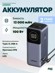 Внешний аккумулятор PowerBank Ugreen PB724 12000mAh 100W USB-C + USB-A, Серый