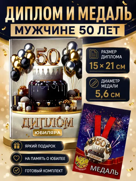 Филькина грамота Диплом и медаль Юбиляру 50 лет, подарочный набор