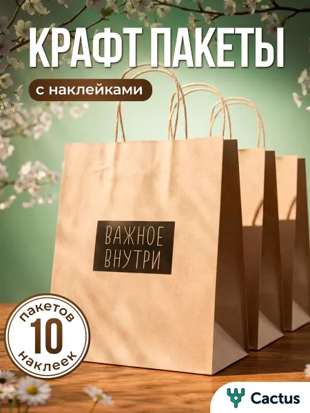 Cactus* Подарочные пакеты крафт с ручками, с наклейками набор 10 шт