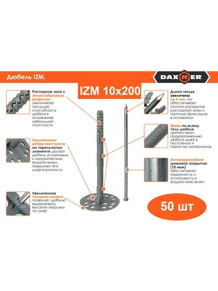 Daxmer Дюбель для теплоизоляции с металлическим гвоздём IZM 10х200
