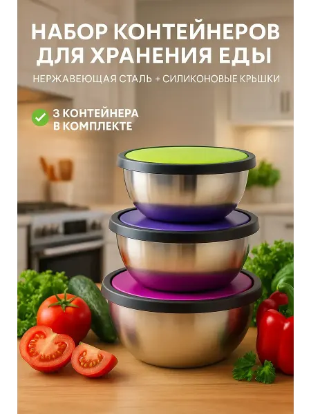 НУРАЙ24 Набор контейнеров из нержавеющей стали с крышками 3 шт
