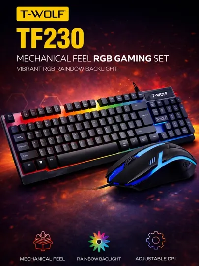 T-WOLF TF230 игровой набор клавиатура и мышь RGB, USB, 104 клавиши