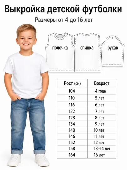 Базовая выкройка детской футболки , 4–16 лет, рост 104–164 см