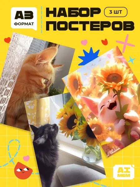 AIMEM Постеры Котик Подсолнух. 3шт. А3 (29,7х42см)