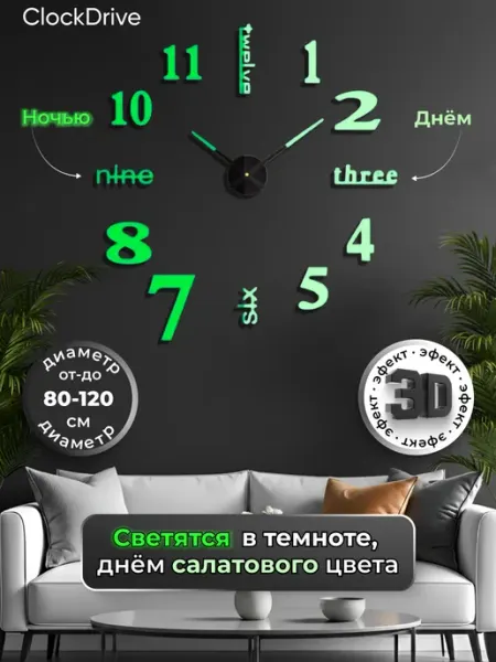 ArtDecor Большие настенные бескаркасные 3D часы диаметром 80-120 см