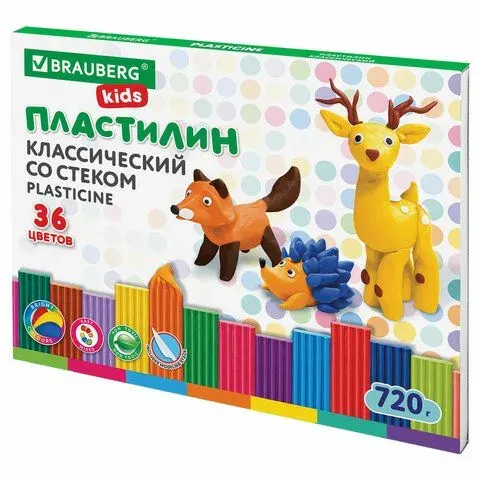 Пластилин для школы классический BRAUBERG, 36 цветов, 720 г, стек, 106438-4027