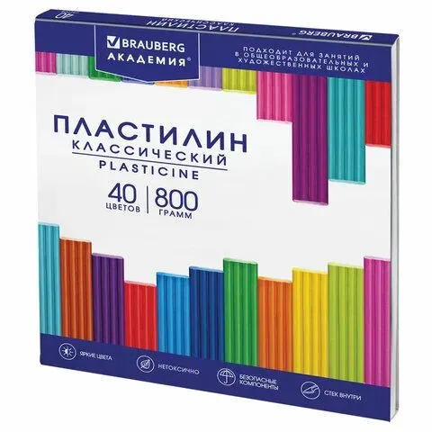 Пластилин для школы классический BRAUBERG, 40 цветов, 800 г, со стеком, 106512-4027