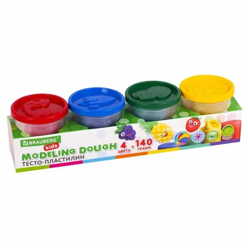 Пластилин-тесто для лепки Brauberg Kids, 4 цвета, 560г, яркие классические цвета, крышки-штампики (106715)