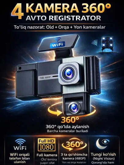 Автомобильный WiFi видеорегистратор, 3 и 4 камеры, запись салона и звука Full HD 1080p 2K