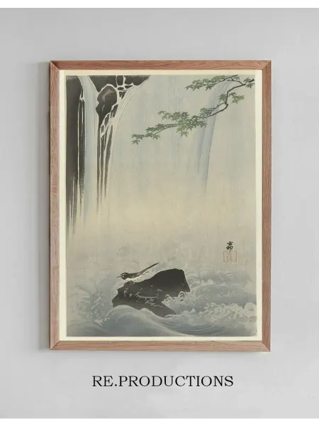 Re.productions Постер Japanese wagtail at waterfall - Ohara Koson