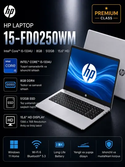 Ноутбук HP Laptop 15 Core i5-1334U 8GB 512GB SSD 15.6” HD Windows 11 Silver